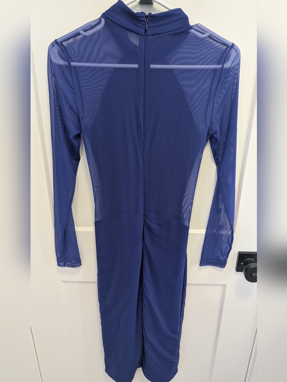 Babaton Mesh Ruched Midi Dress Blue Long Sleeve Bodycon - Picture 5 of 7